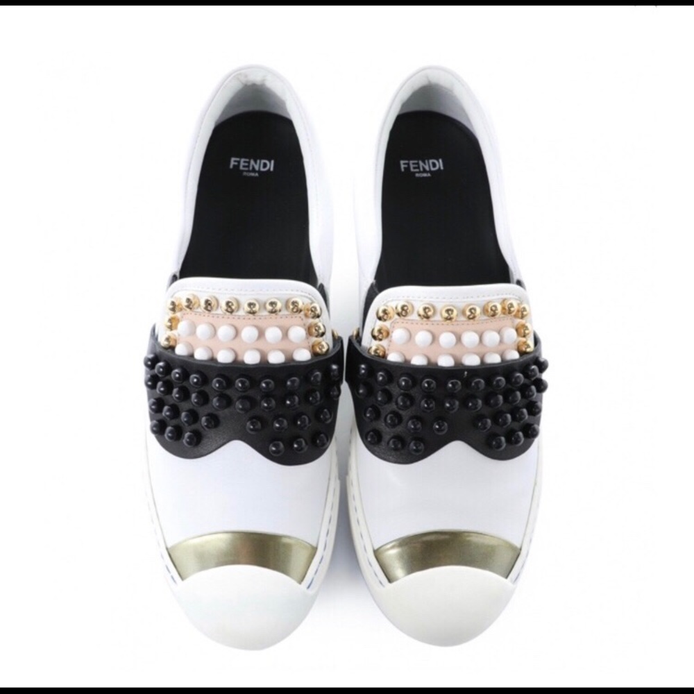 Fendi White and Black Embellished Slip-On Shoes